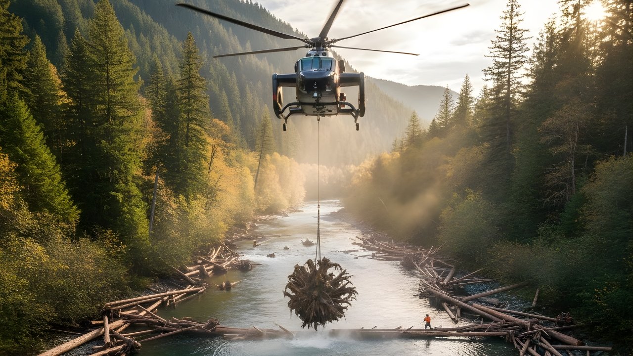 U.S. Tests Massive River Restoration as Helicopters Dump Logs to Revive Salmon Habitat